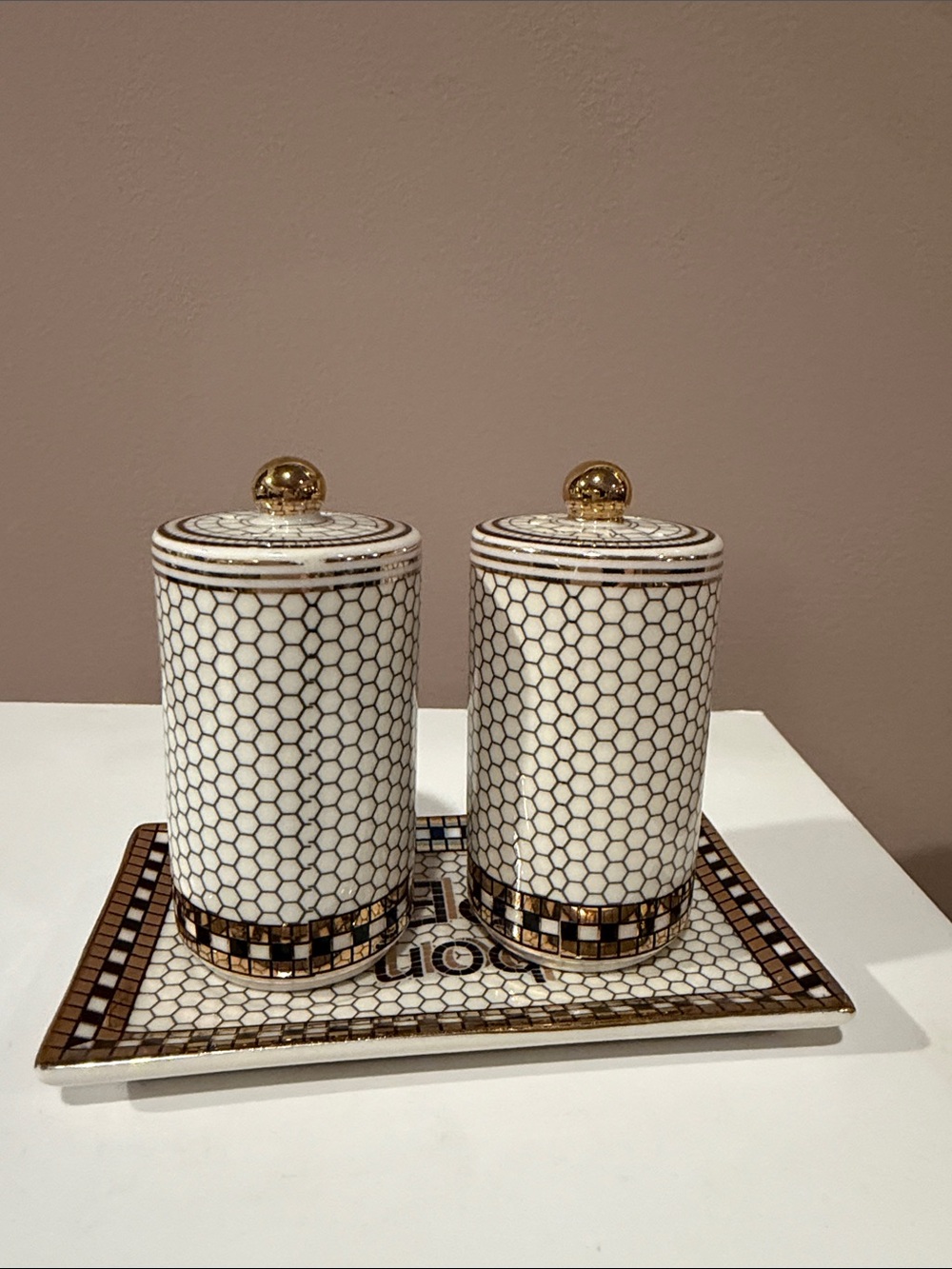 Anthropologie Bistro Tile Salt & Pepper Shakers with Bon Appétit Tray - Picture 2 of 8